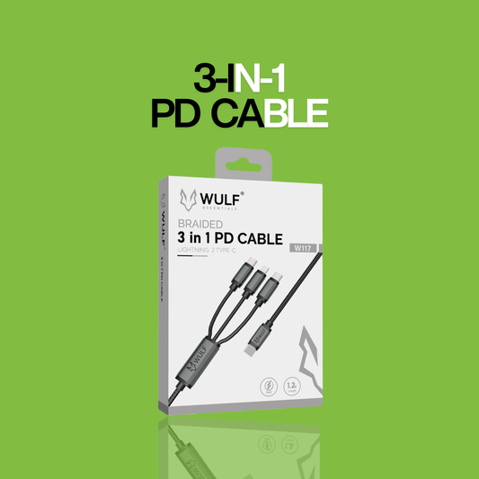 WULF ESSENTIALS W117 Braided 3-in-1 PD Cable – Fast Charging & Durable Design