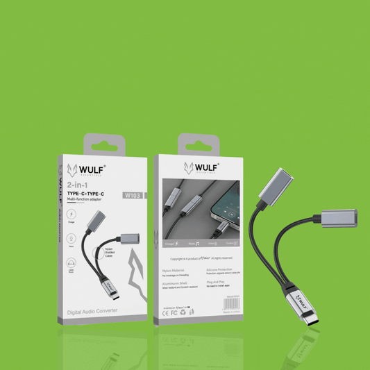 WULF ESSENTIALS 2-in-1 Digital Audio Converter – Type-C to AUX & Charging Adapter