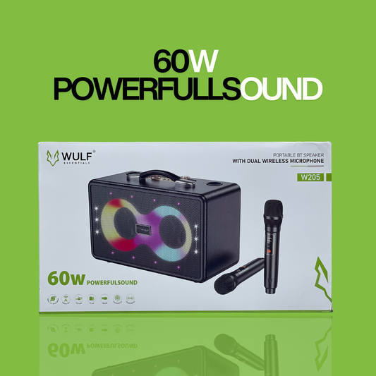 WULF ESSENTIALS W205 60W Bluetooth Speaker with Dual Wireless Microphones & RGB Lights