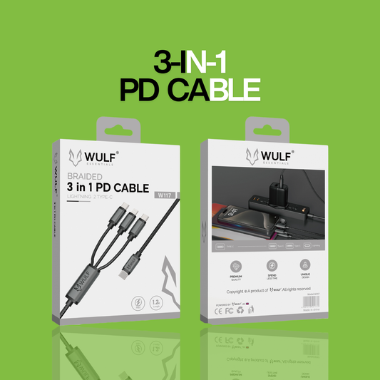 WULF ESSENTIALS W117 Braided 3-in-1 PD Cable – Fast Charging & Durable Design